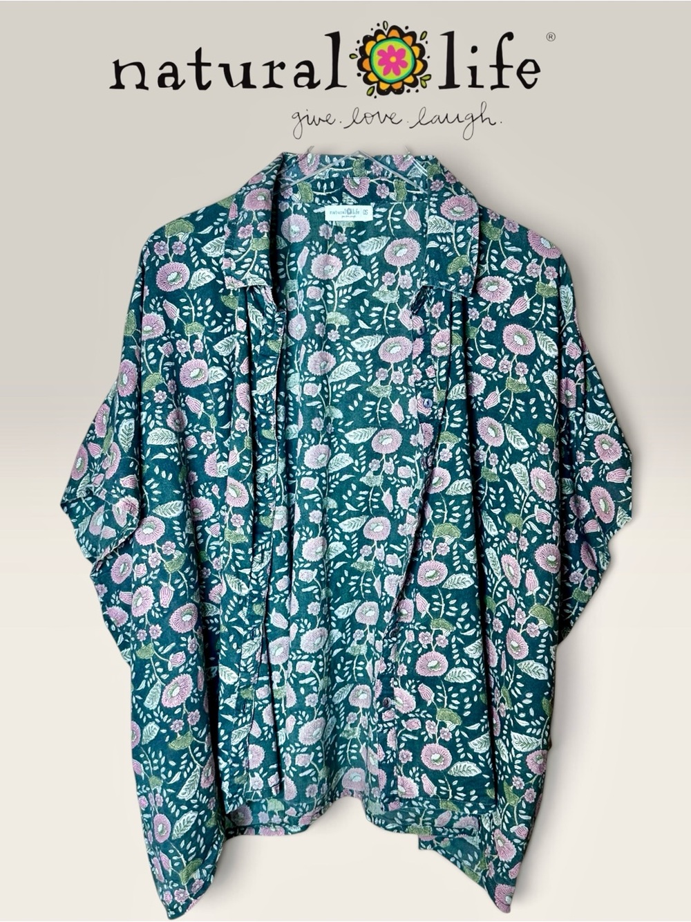 Natural Life Kelly Oversized Button Down Cotton Poncho Top Floral One Size Flowy
